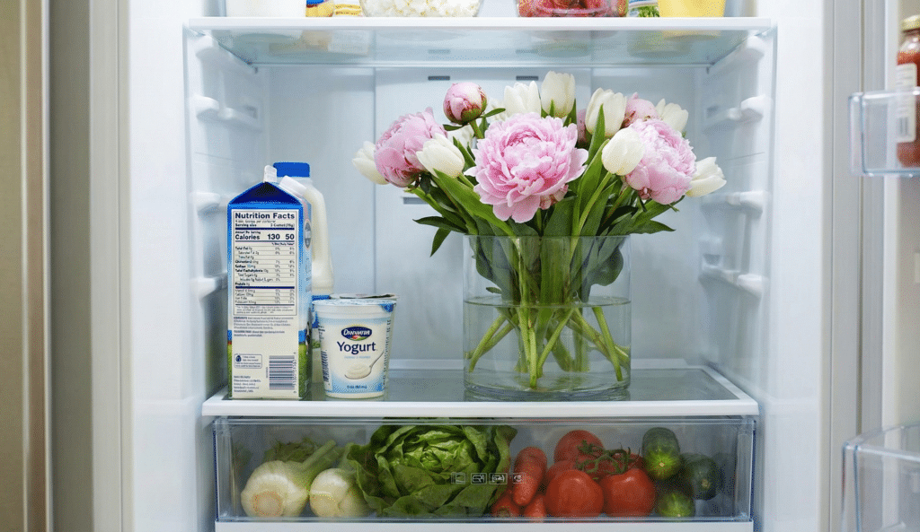 bouquet de pivoines placé dans un réfrigérateur
