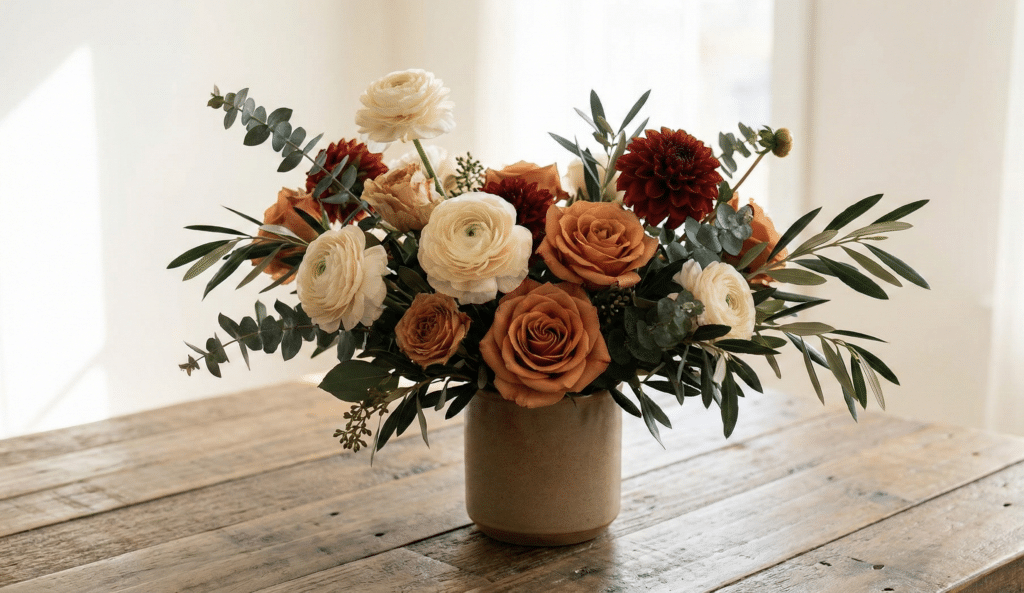 bouquet moderne utilisant la palette de couleurs tendance pour 2026 des tons naturels de beige, terracotta, orange brûlé et vert foncé