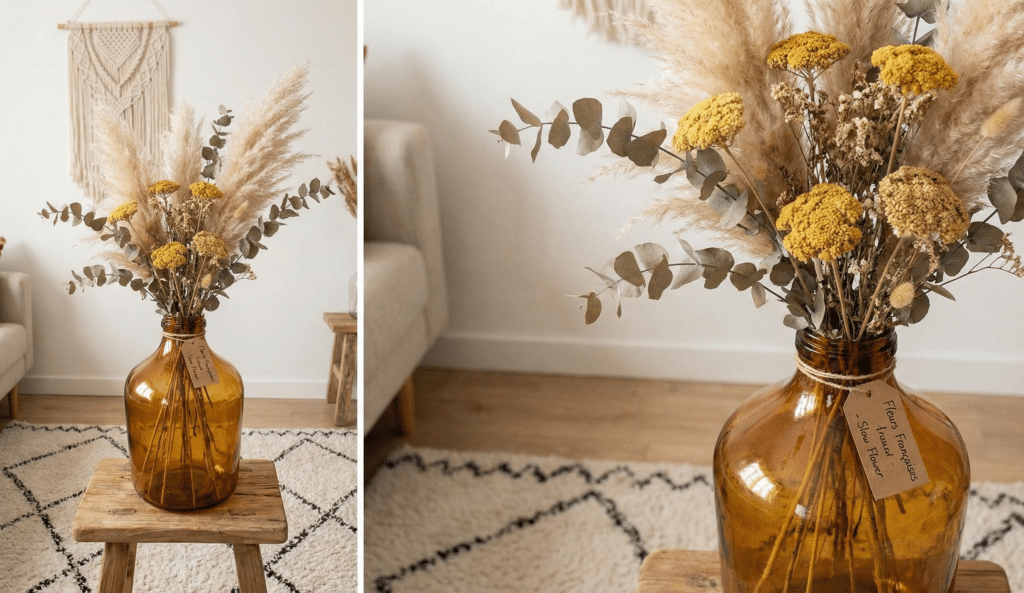 coin déco bohème avec un grand vase de fleurs séchées et une étiquette "Slow Flower"