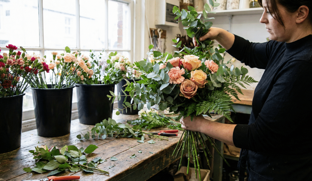 technique des fleuristes consistant à ajouter beaucoup de feuillage pour donner du volume à un bouquet