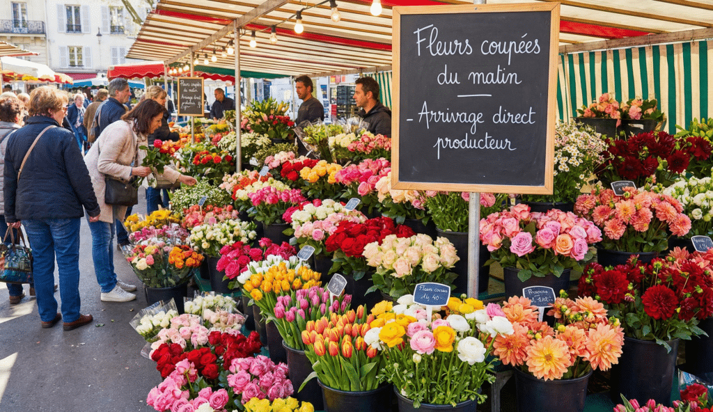 scène vivante d'un marché aux fleurs