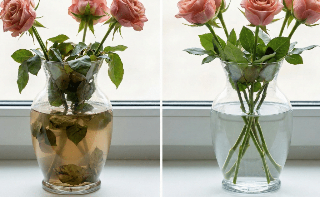 vase avec des feuilles pourrissant dans l'eau sale à côté d'un vase propre avec des tiges nettoyées