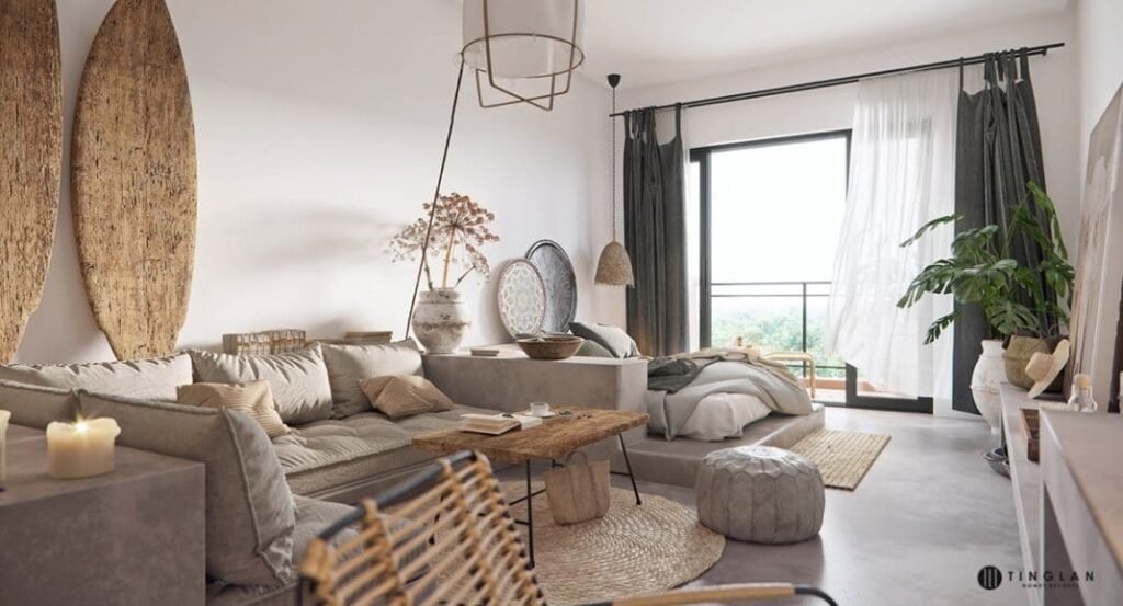 Le salon et la chambre de cet appartement Tribal Chic