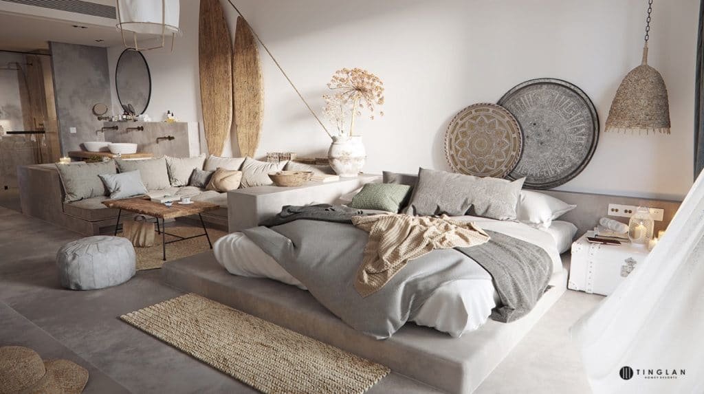 Le salon et la chambre de cet appartement Tribal Chic