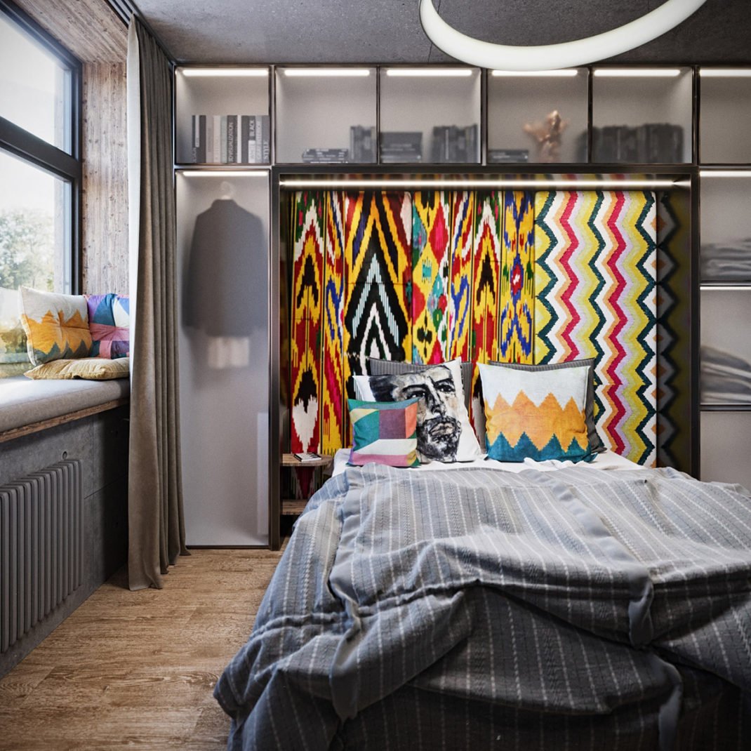 Décoration industrielle aux accents marocains également dans la chambre