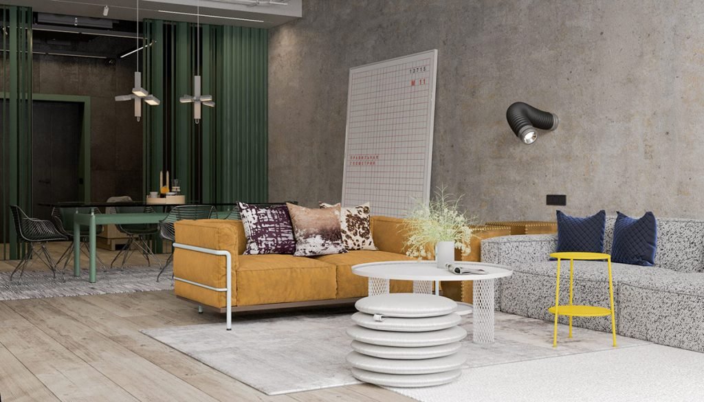 Une maison de style industriel avec une torsion colorée Une maison de style industriel avec une torsion colorée