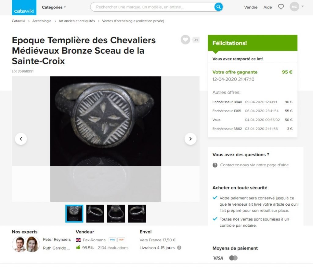Catawiki bague avec le sceau de la Sainte-Croix de l'époque Templière 