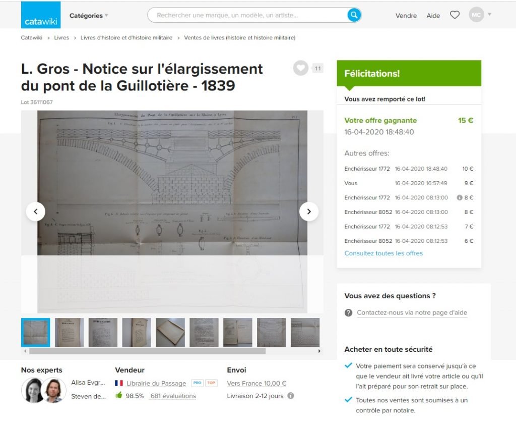 avis catawiki plan pont de la Guillotière1839