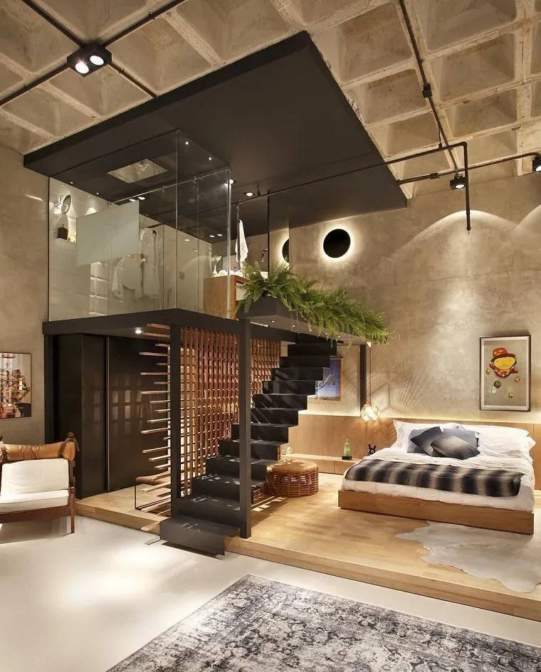 Espace design avec murs en béton et éclairage intégré