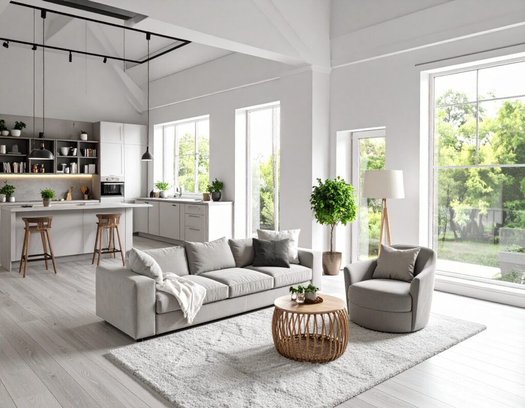 l'intérieur d'une maison décoré de façon monochome mais joyeuse