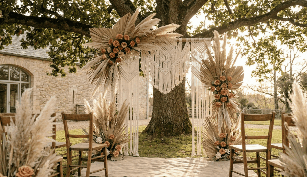 Arche de cérémonie extérieure en macramé complexe et bois flotté devant la grange en pierre, ornée de fleurs de pampas et de roses terracotta sous la lumière dorée