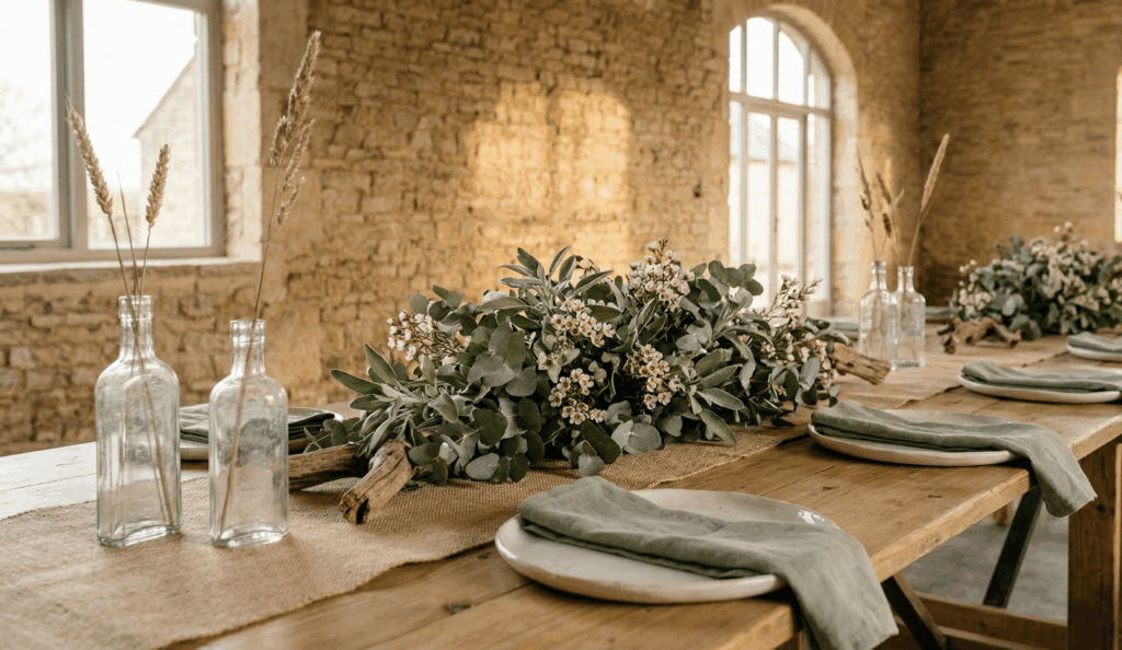 Vue d'ensemble de la salle de la grange en pierre décorée pour un mariage champêtre chic, avec des guirlandes lumineuses, des tables dressées et une palette sauge et terracotta