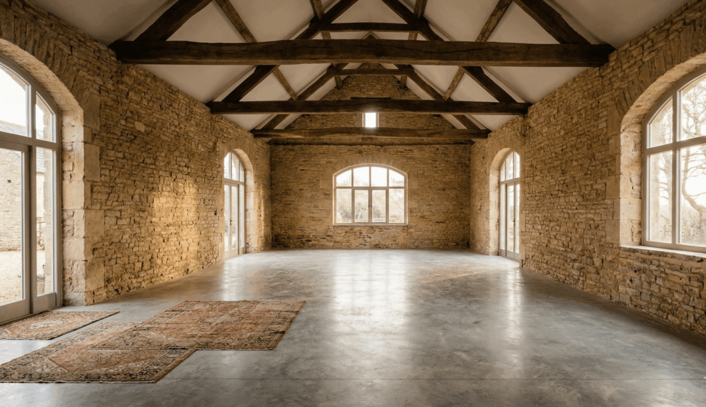  Intérieur vide et authentique d'une ancienne grange en pierre calcaire pour mariage, avec des murs rugueux, de grandes fenêtres arquées et une charpente massive.