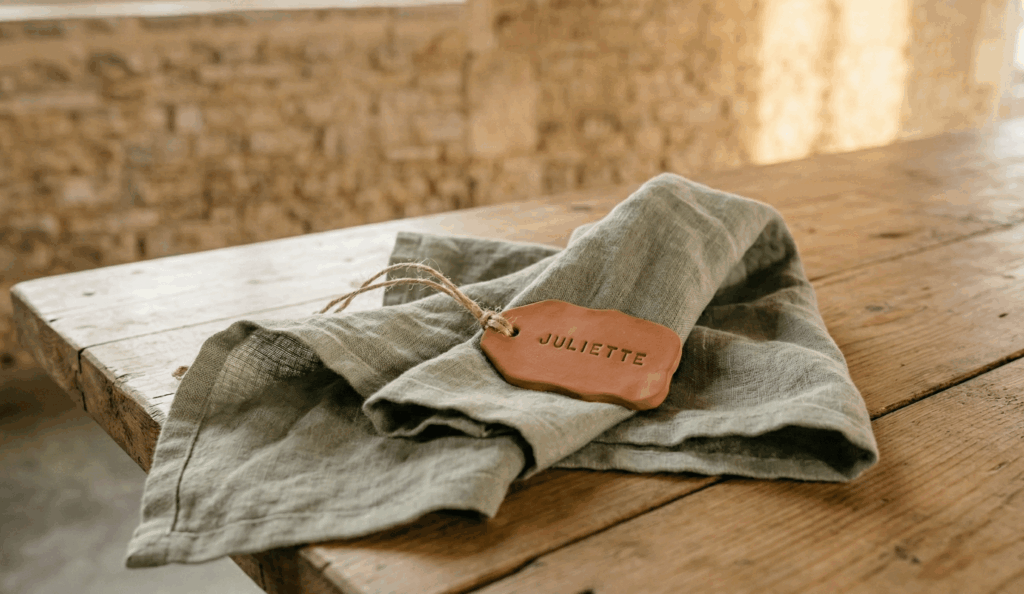 Gros plan sur un marque-place terracotta DIY en forme de cœur écrit "Marie", attaché à une serviette en lin sauge avec une ficelle de jute pour un mariage bohème