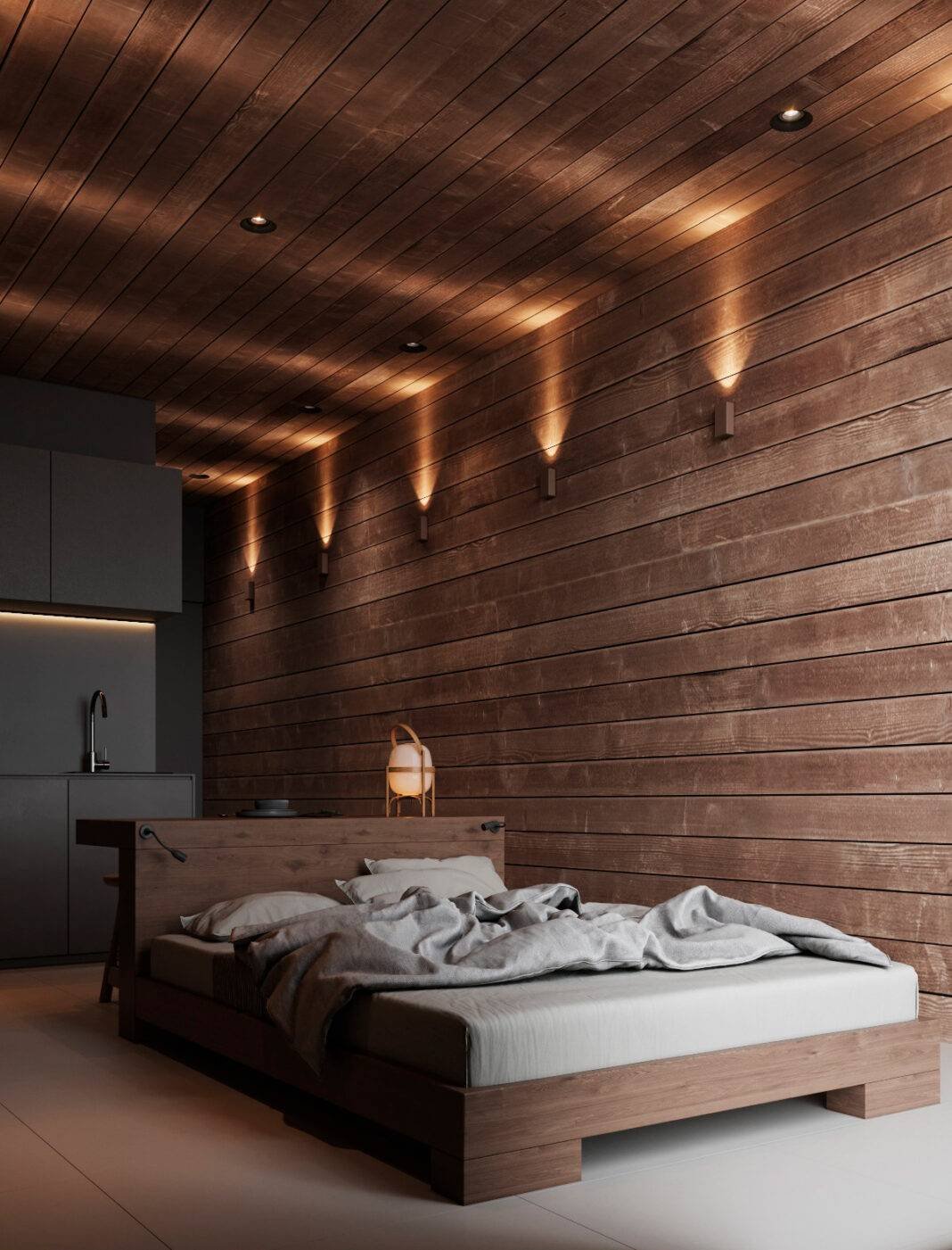 A l'intérieur des murs et plafonds en bois noirci