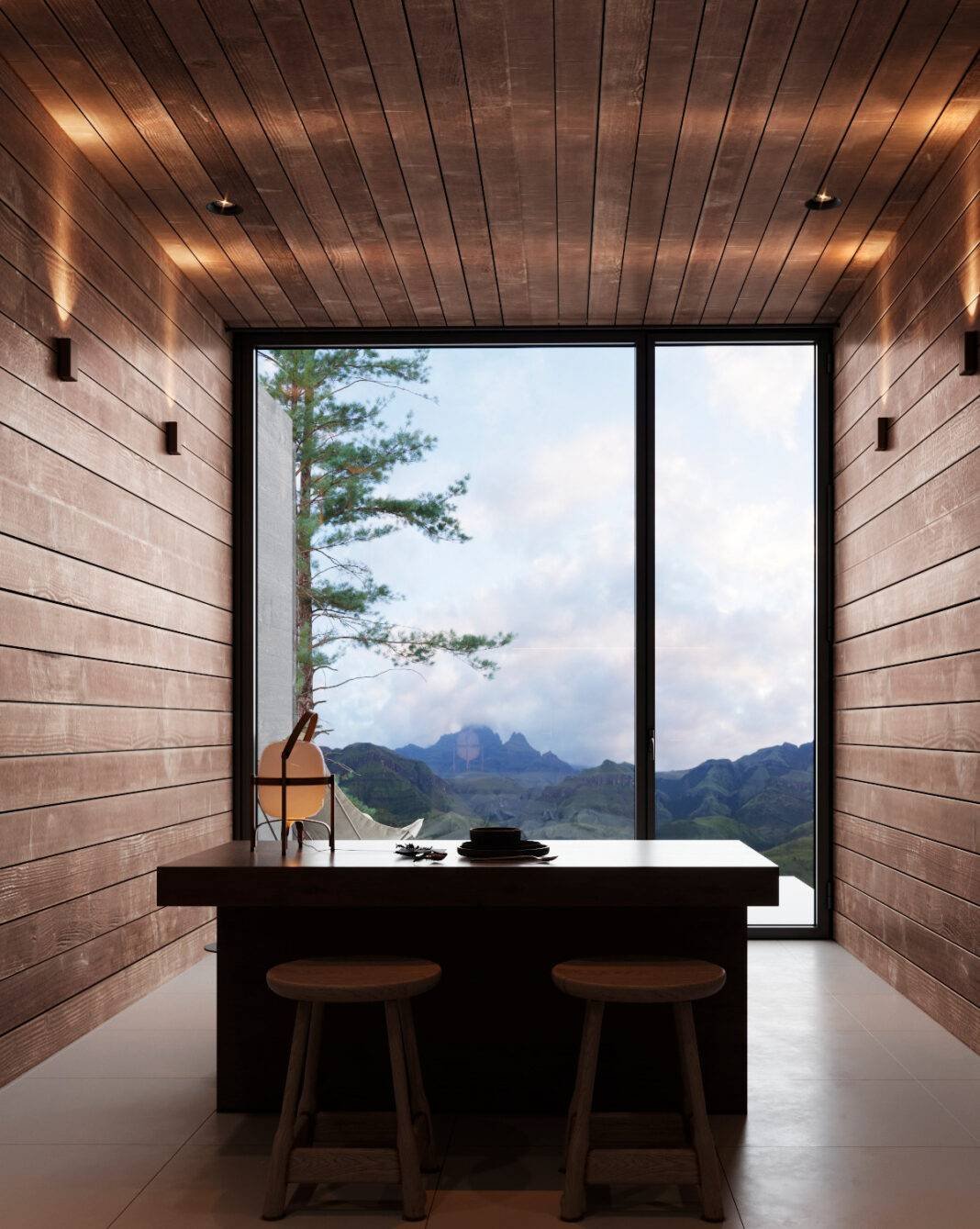 Une tiny house avec une grande fenêtre et terrasse 