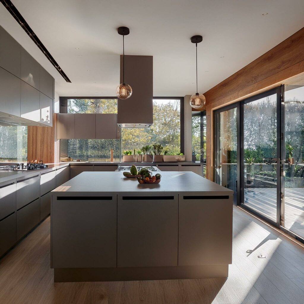 Cuisine équipée moderne avec îlot central : à déclarer à l'assurance habitation Cuisine équipée moderne avec îlot central : à déclarer à l'assurance habitation