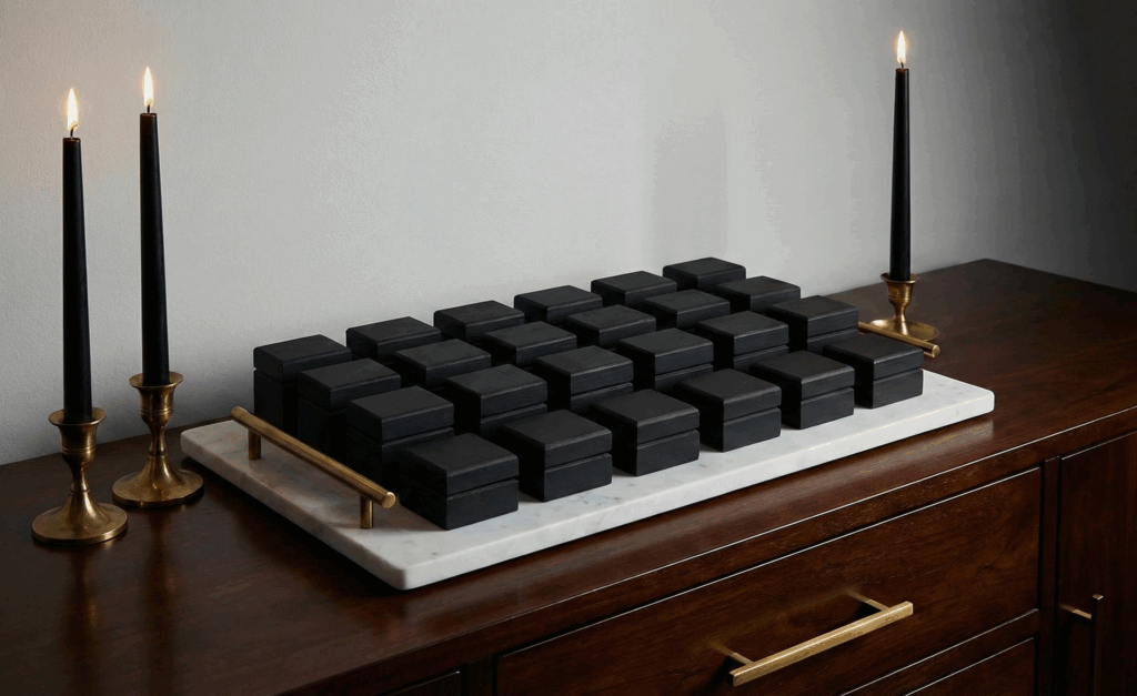 24 petites boîtes en bois brut peintes en noir mat ou doré, disposées sur un plateau en laiton ou marbre