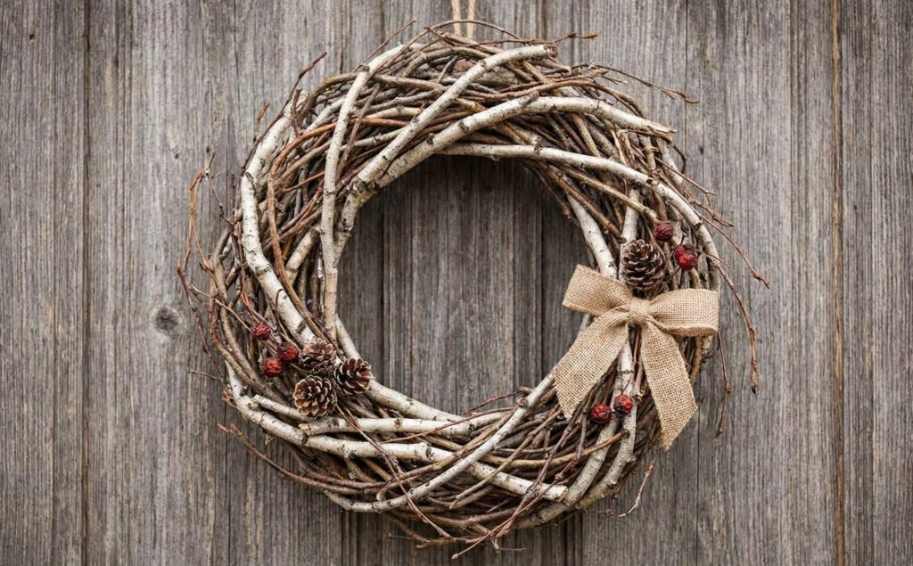 Couronne de Noël en branches de bouleau ou de saule tortueux, sans feuilles, entrelacées Couronne de Noël en branches de bouleau ou de saule tortueux, sans feuilles, entrelacées