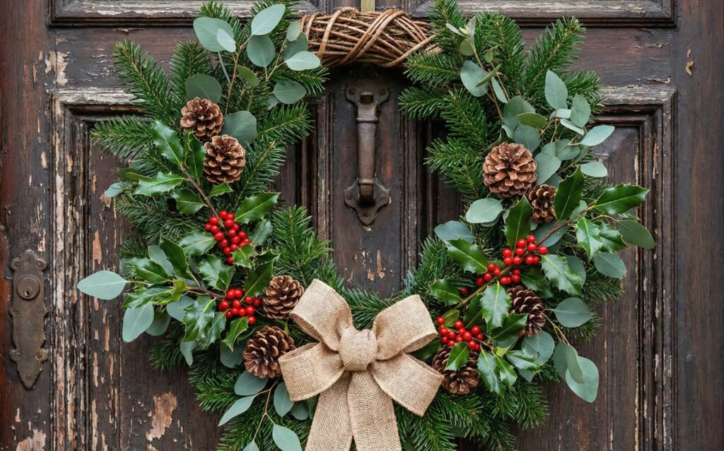 Couronne de Noël sapin + eucalyptus + pommes de pin + branches de houx + baies rouges Couronne de Noël sapin + eucalyptus + pommes de pin + branches de houx + baies rouges