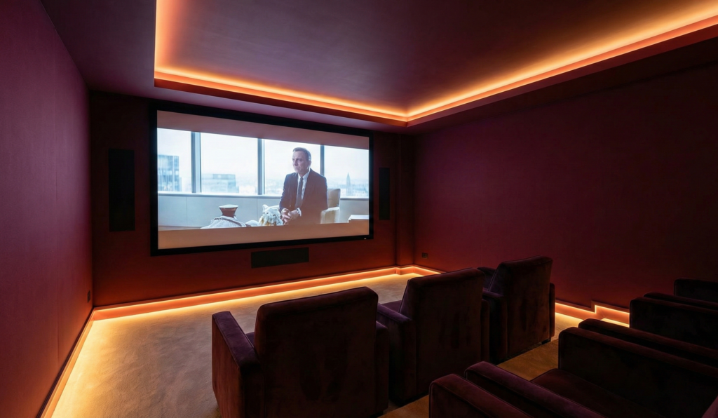Cassis : dans une pièce dédiée comme un home cinéma, avec un éclairage chaud pour une ambiance premium et immersive