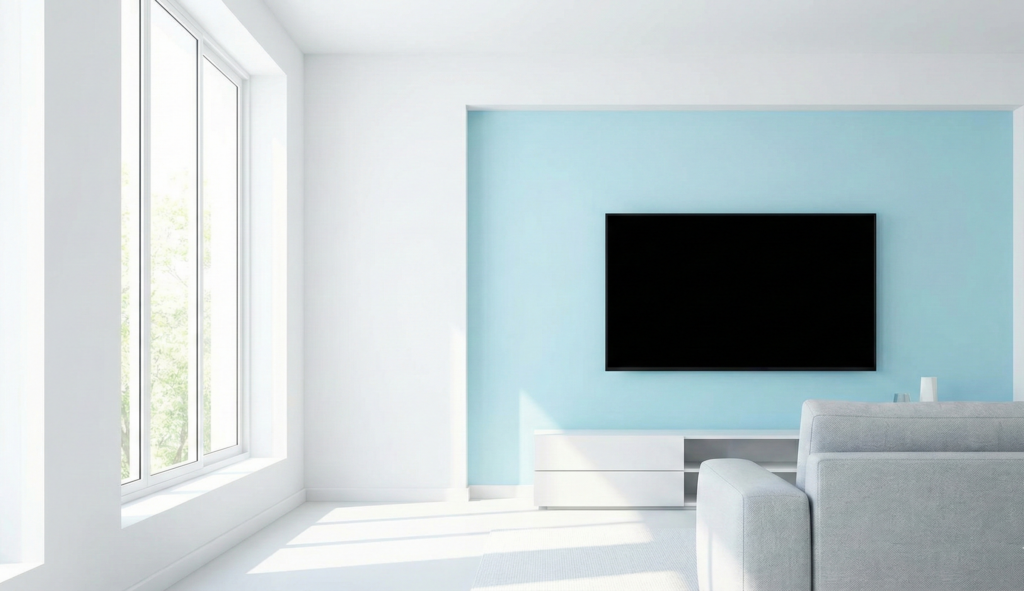 Cool Blue sur un mur d'accent derrière une TV dans une pièce lumineuse, créant de la profondeur sans refroidir l'espace