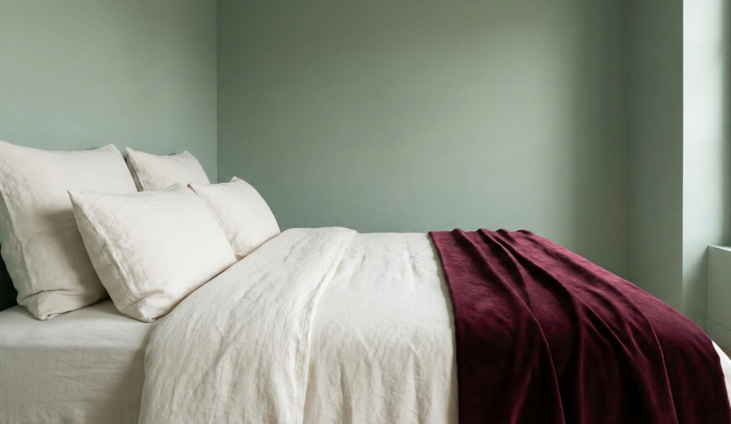 décoration de chambre murs vert sauge et dessus de lit couleur cassis
