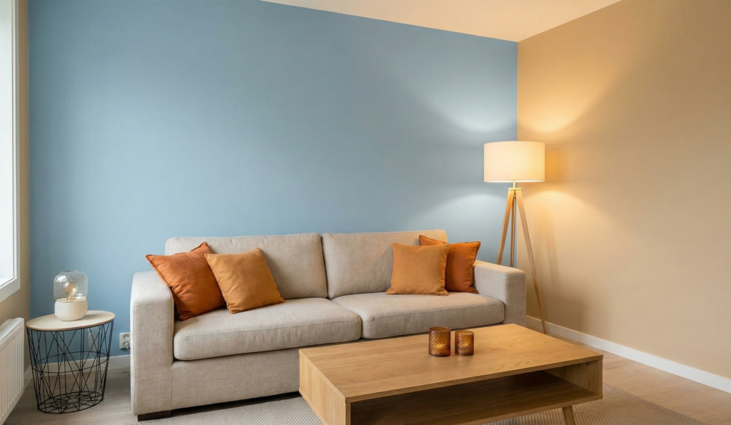 salon mur bleu et orange associations couleurs 2026
