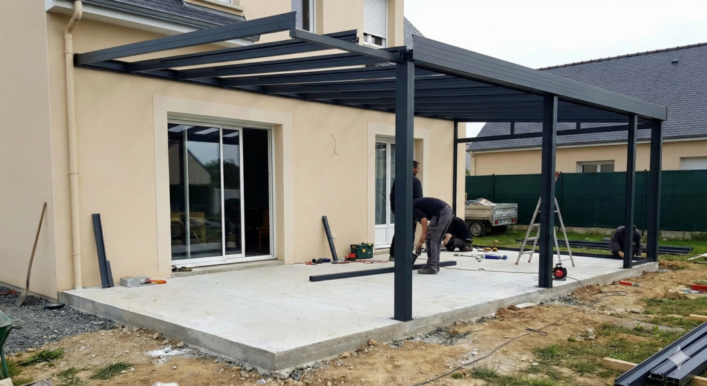 chantier en cours des travaux d'une verand avec la dalle de béton et la structure en aluminium en train d'être assemblée