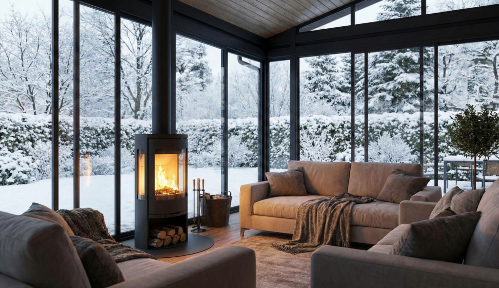 intérieur chaleureux en hiver, avec un poêle et une vue sur un paysage enneigé