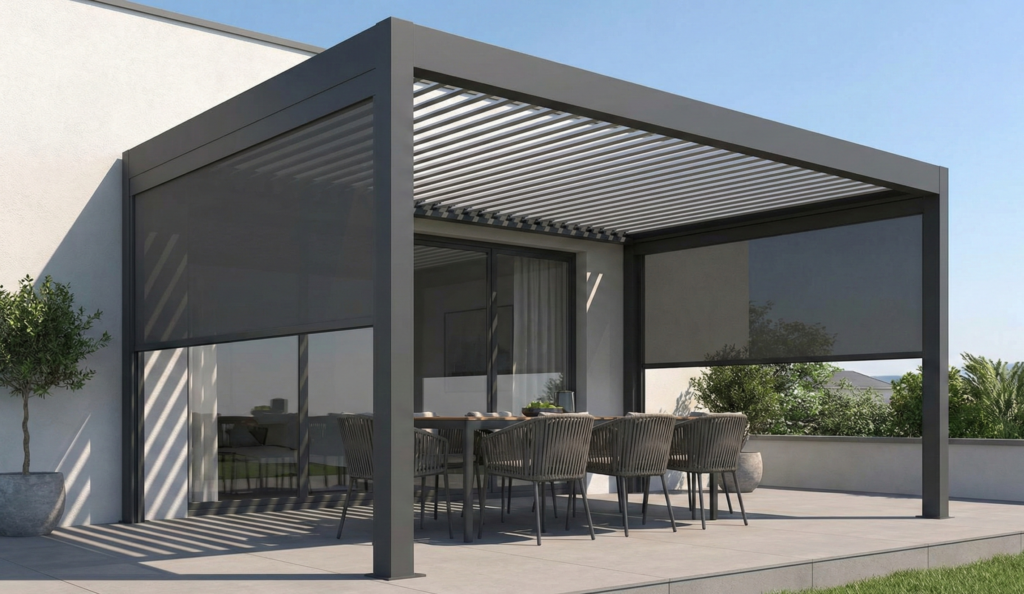 pergola à lames orientables noires et stores intégrés
