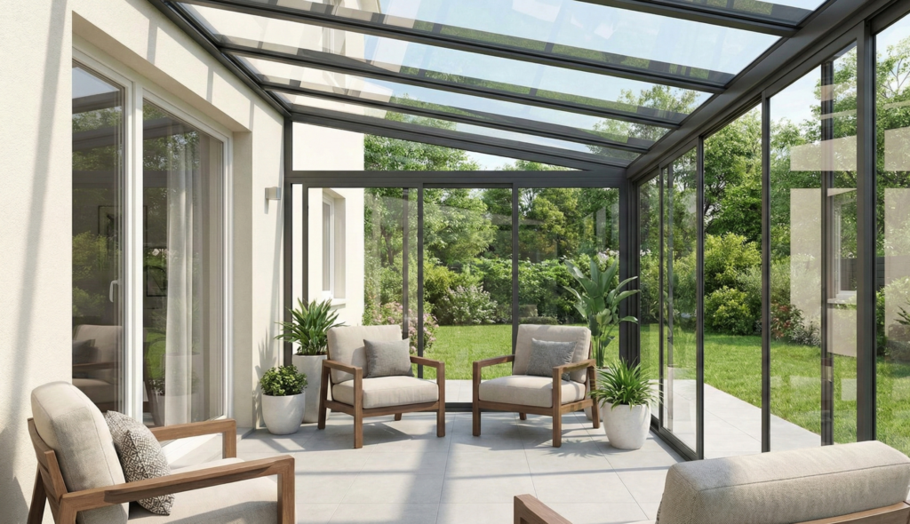 une véranda moderne et lumineuse, ouverte sur le jardin, créant un espace de détente idéal