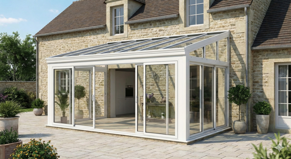 véranda aluminium blanc à toiture vitrée, accoléevà une maison en pierre