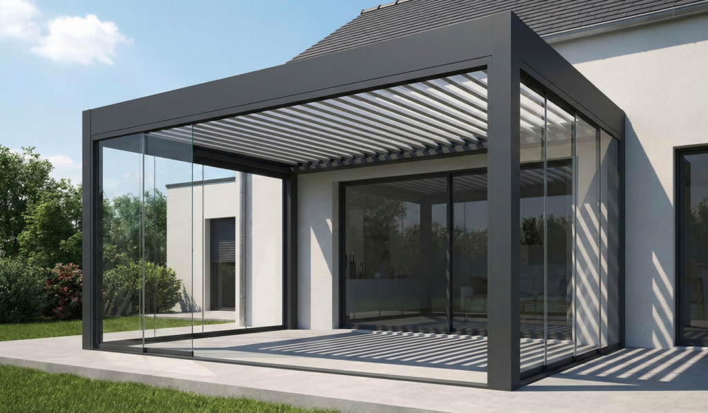 véranda bioclimatique moderne à toit plat avec des lames orientables