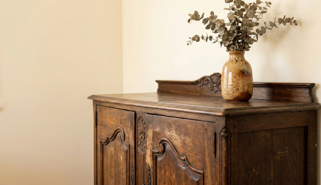 buffet en bois antique au fini usé et patiné, avec des sculptures discrètes. Sur le dessus, un simple vase en céramique texturée avec quelques branches sèches et un vieux livre de voyage buffet en bois antique au fini usé et patiné, avec des sculptures discrètes. Sur le dessus, un simple vase en céramique texturée avec quelques branches sèches et un vieux livre de voyage