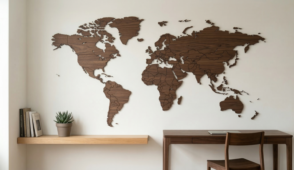 grande carte du monde découpée au laser dans du bois foncé