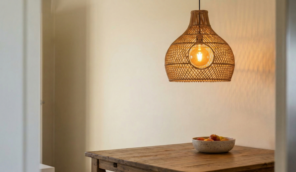 luminaire en rotin tressé à la main, avec un abat-jour ambre en verre moucheté et une ampoule Edison, diffuse une lumière chaude et texturée luminaire en rotin tressé à la main, avec un abat-jour ambre en verre moucheté et une ampoule Edison, diffuse une lumière chaude et texturée