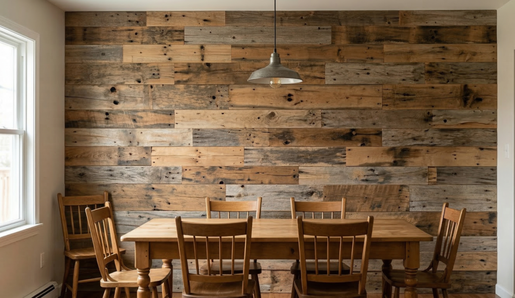 mur d'accent bois recyclé dans une salle à manger