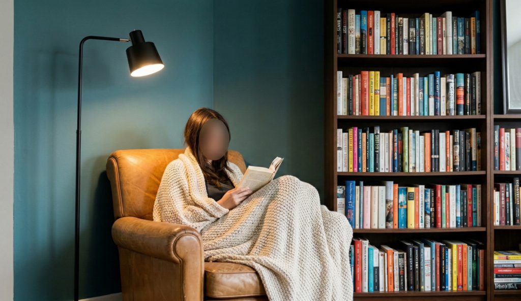 personne confortablement installée dans un fauteuil en velours côtelé marron usé, lisant un livre. Une lampe de lecture sur pied minimalist noir en laiton diffuse une lumière focused et chaude, contrastant avec le mur bleu pétrole profond personne confortablement installée dans un fauteuil en velours côtelé marron usé, lisant un livre. Une lampe de lecture sur pied minimalist noir en laiton diffuse une lumière focused et chaude, contrastant avec le mur bleu pétrole profond