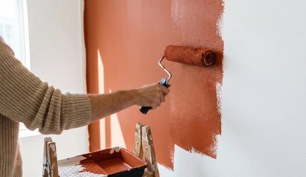 un roller déposant une peinture terracotta mate et riche sur le mur blanc un roller déposant une peinture terracotta mate et riche sur le mur blanc